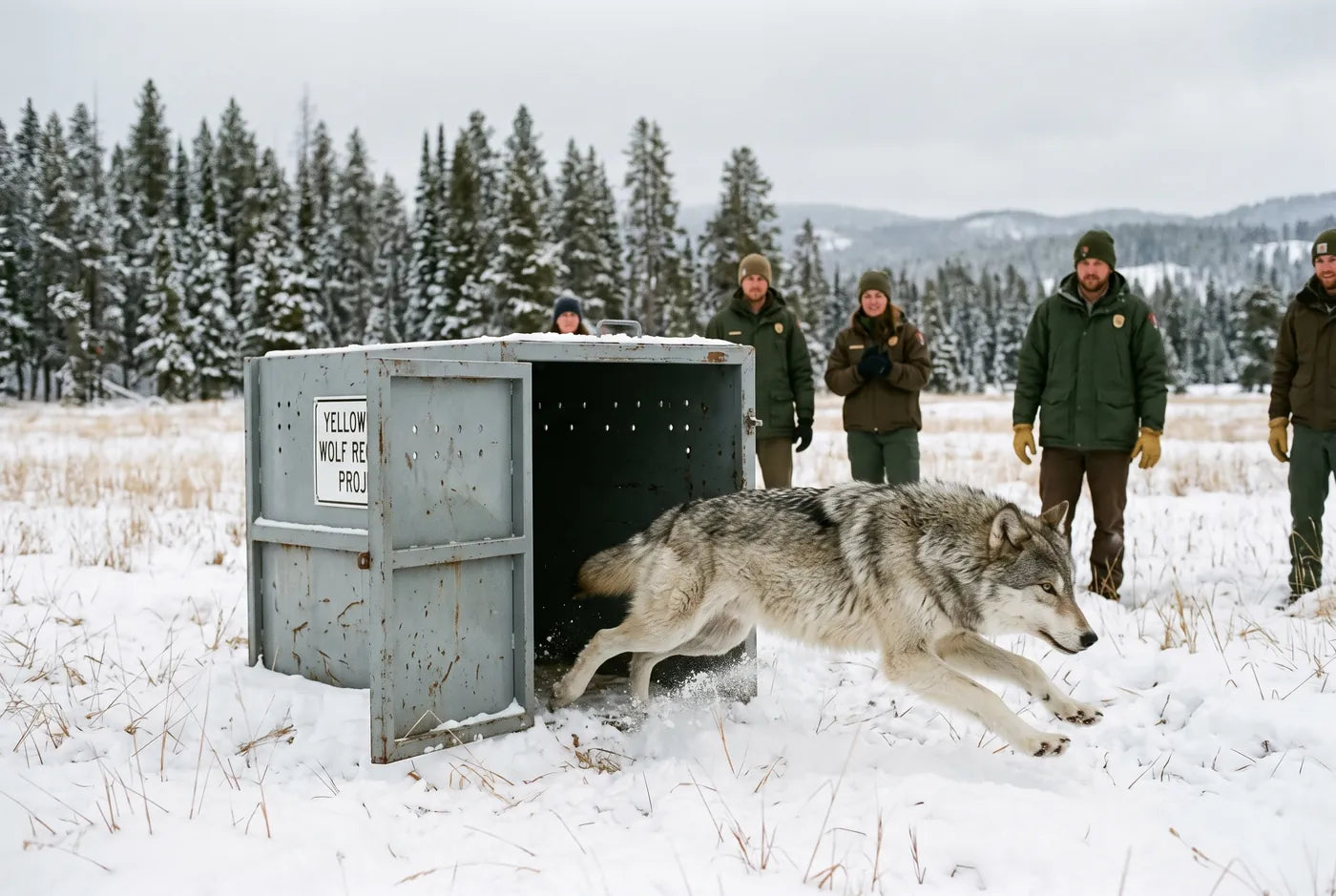 Grey wolf bursting from meadow cover