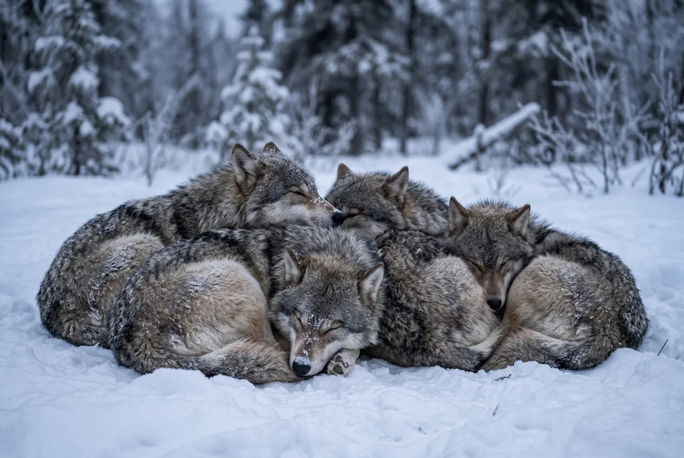 Wolves sleeping piled together in deep snow